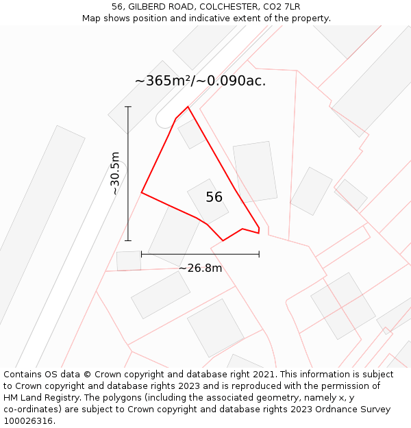 56, GILBERD ROAD, COLCHESTER, CO2 7LR: Plot and title map