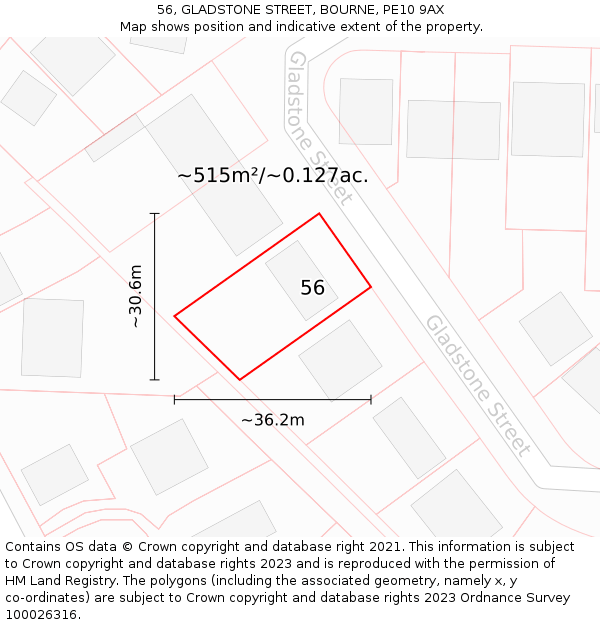 56, GLADSTONE STREET, BOURNE, PE10 9AX: Plot and title map