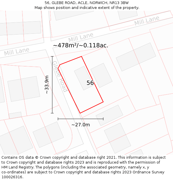 56, GLEBE ROAD, ACLE, NORWICH, NR13 3BW: Plot and title map