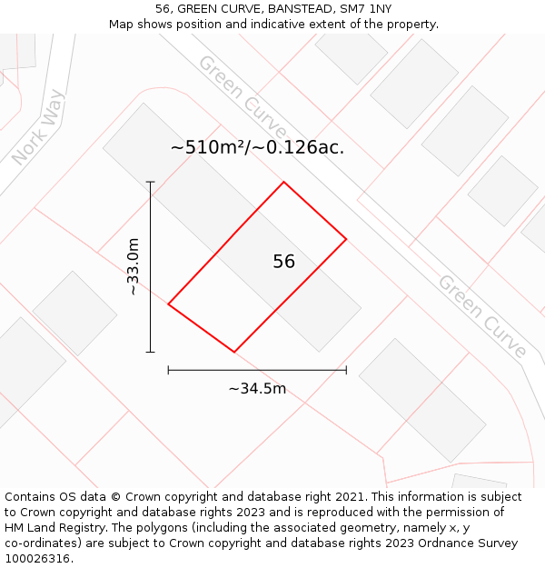 56, GREEN CURVE, BANSTEAD, SM7 1NY: Plot and title map