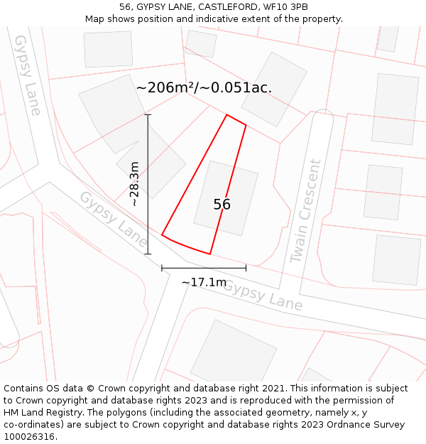 56, GYPSY LANE, CASTLEFORD, WF10 3PB: Plot and title map