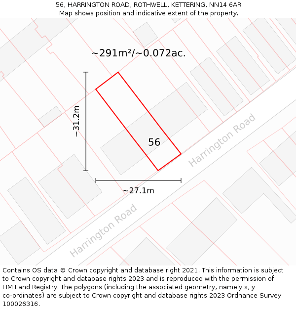 56, HARRINGTON ROAD, ROTHWELL, KETTERING, NN14 6AR: Plot and title map