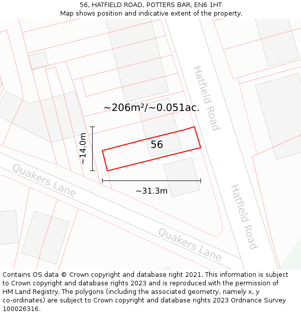 56, HATFIELD ROAD, POTTERS BAR, EN6 1HT: Plot and title map