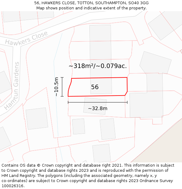 56, HAWKERS CLOSE, TOTTON, SOUTHAMPTON, SO40 3GG: Plot and title map