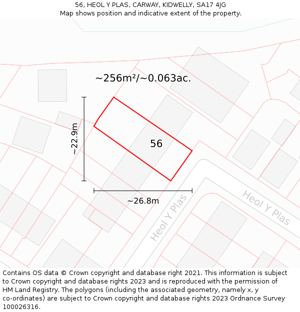 56, HEOL Y PLAS, CARWAY, KIDWELLY, SA17 4JG: Plot and title map