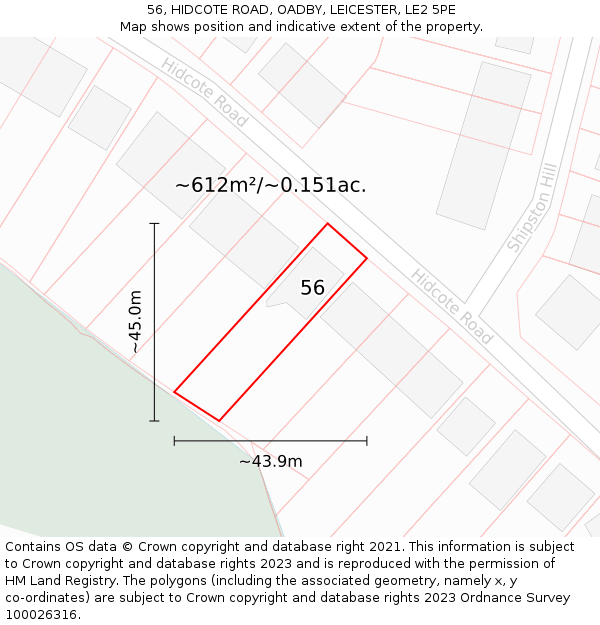 56, HIDCOTE ROAD, OADBY, LEICESTER, LE2 5PE: Plot and title map