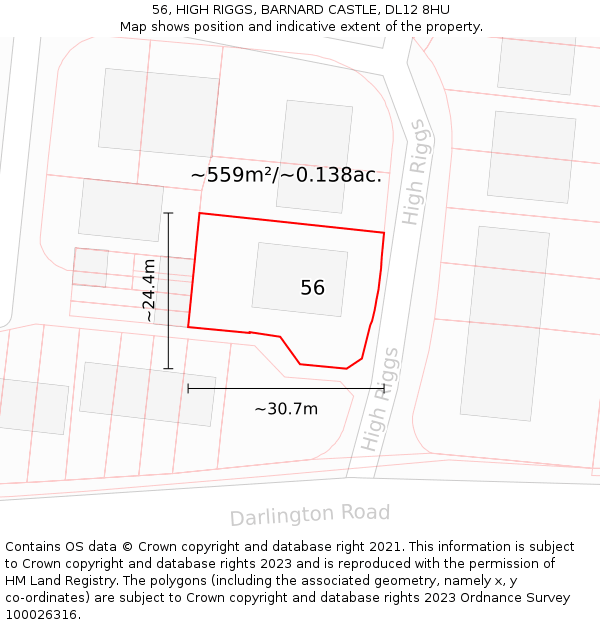 56, HIGH RIGGS, BARNARD CASTLE, DL12 8HU: Plot and title map