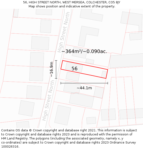 56, HIGH STREET NORTH, WEST MERSEA, COLCHESTER, CO5 8JY: Plot and title map