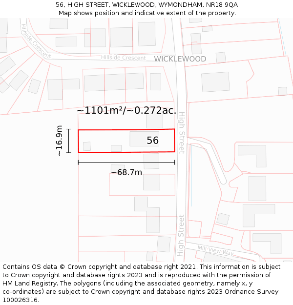 56, HIGH STREET, WICKLEWOOD, WYMONDHAM, NR18 9QA: Plot and title map