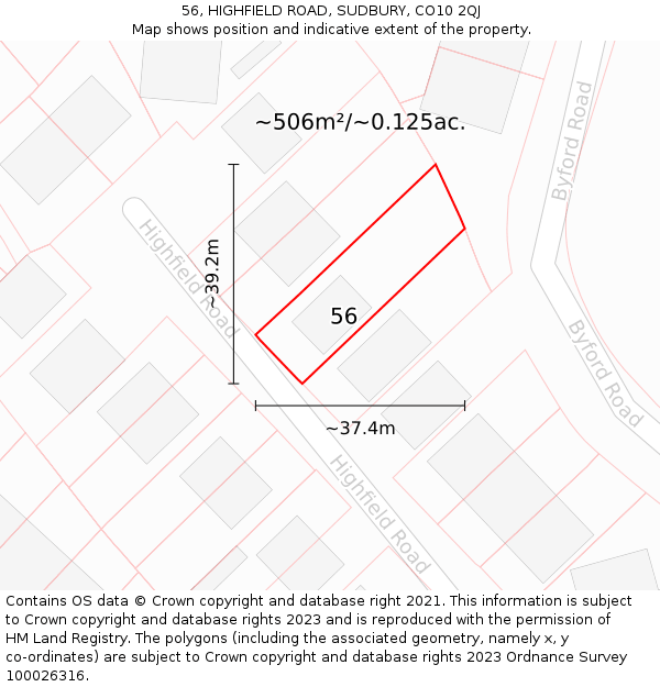 56, HIGHFIELD ROAD, SUDBURY, CO10 2QJ: Plot and title map