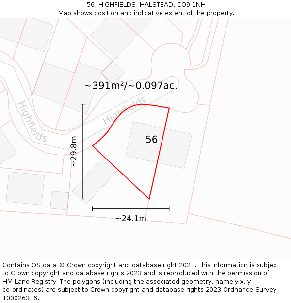 56, HIGHFIELDS, HALSTEAD, CO9 1NH: Plot and title map