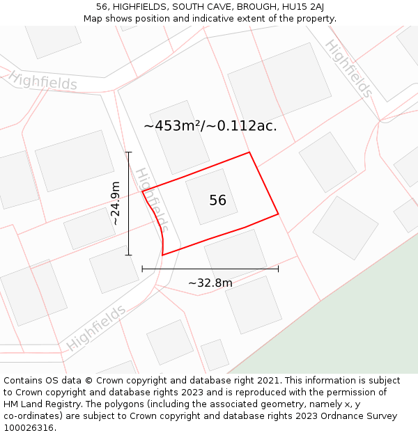 56, HIGHFIELDS, SOUTH CAVE, BROUGH, HU15 2AJ: Plot and title map