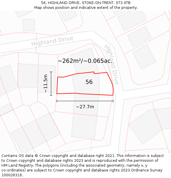 56, HIGHLAND DRIVE, STOKE-ON-TRENT, ST3 4TB: Plot and title map