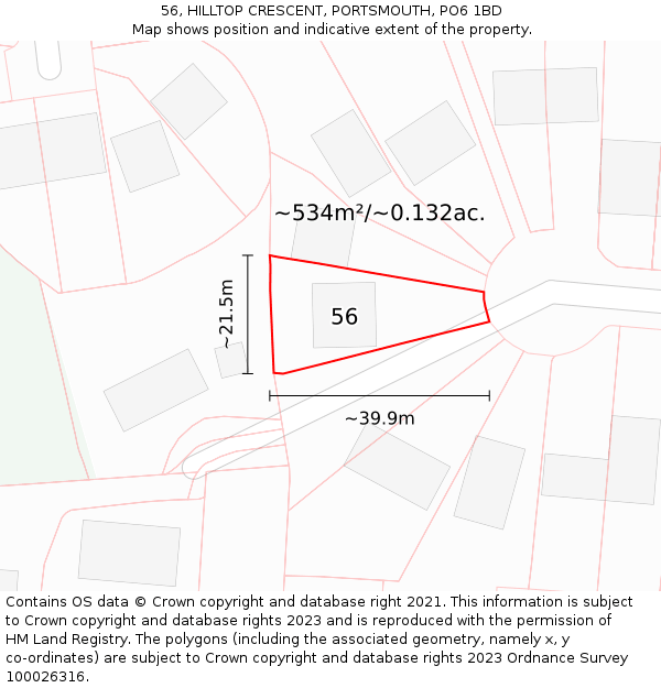 56, HILLTOP CRESCENT, PORTSMOUTH, PO6 1BD: Plot and title map