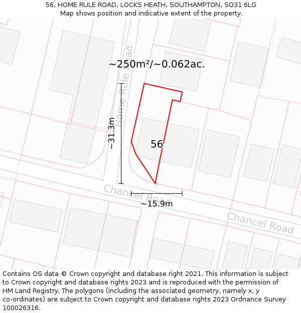 56, HOME RULE ROAD, LOCKS HEATH, SOUTHAMPTON, SO31 6LG: Plot and title map