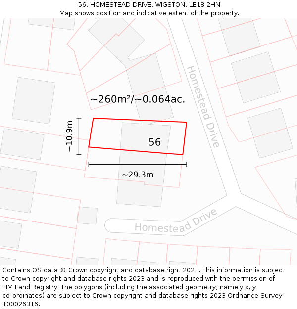 56, HOMESTEAD DRIVE, WIGSTON, LE18 2HN: Plot and title map