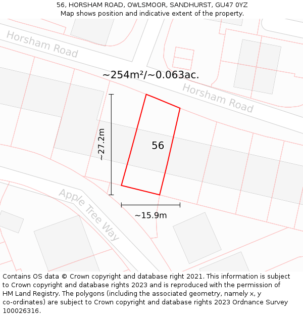 56, HORSHAM ROAD, OWLSMOOR, SANDHURST, GU47 0YZ: Plot and title map