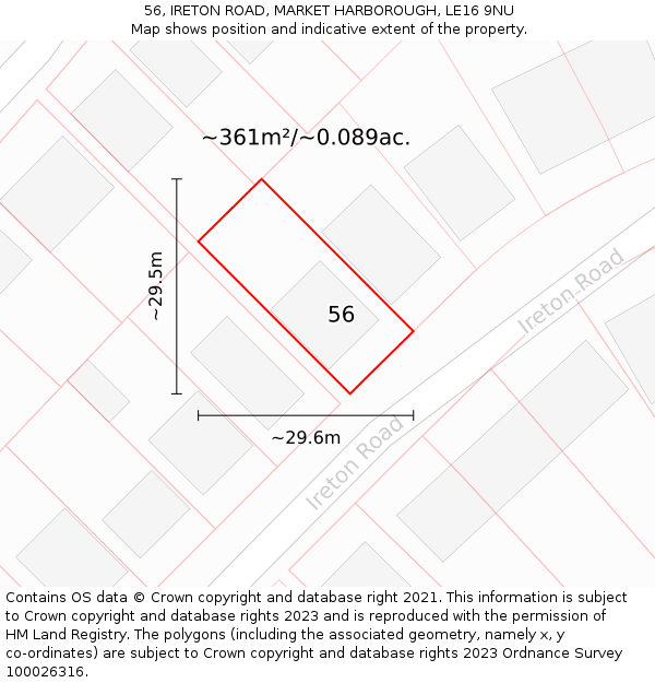 56, IRETON ROAD, MARKET HARBOROUGH, LE16 9NU: Plot and title map