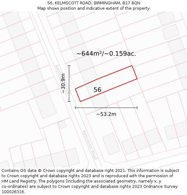 56, KELMSCOTT ROAD, BIRMINGHAM, B17 8QN: Plot and title map