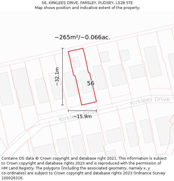 56, KIRKLEES DRIVE, FARSLEY, PUDSEY, LS28 5TE: Plot and title map