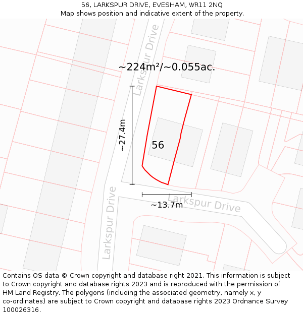56, LARKSPUR DRIVE, EVESHAM, WR11 2NQ: Plot and title map