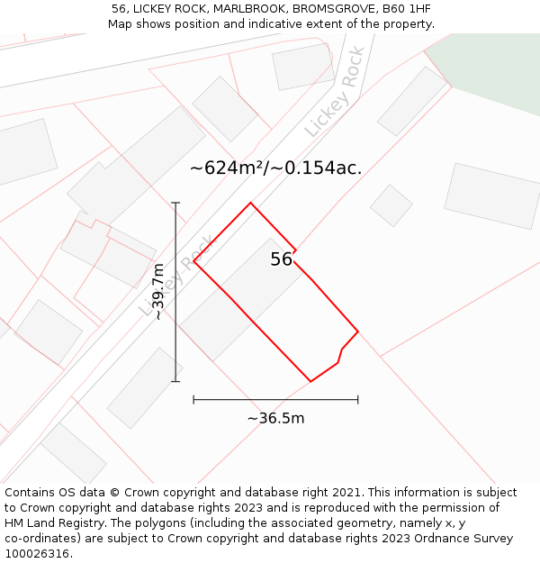 56, LICKEY ROCK, MARLBROOK, BROMSGROVE, B60 1HF: Plot and title map