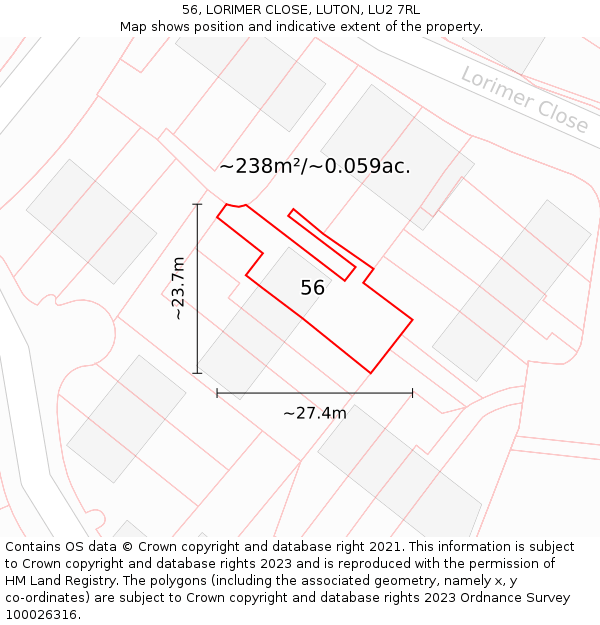 56, LORIMER CLOSE, LUTON, LU2 7RL: Plot and title map