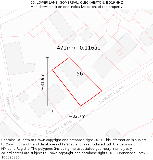 56, LOWER LANE, GOMERSAL, CLECKHEATON, BD19 4HZ: Plot and title map