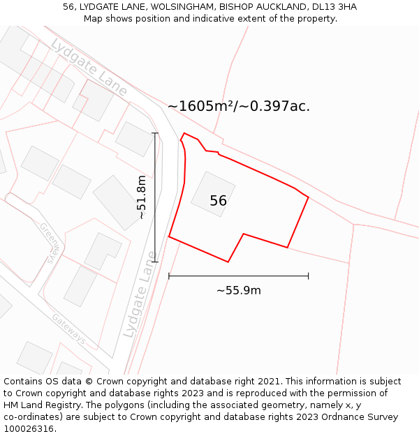 56, LYDGATE LANE, WOLSINGHAM, BISHOP AUCKLAND, DL13 3HA: Plot and title map