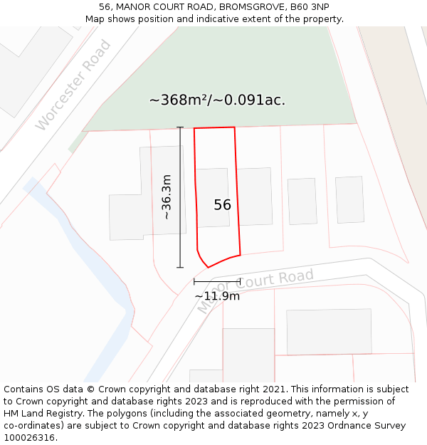 56, MANOR COURT ROAD, BROMSGROVE, B60 3NP: Plot and title map