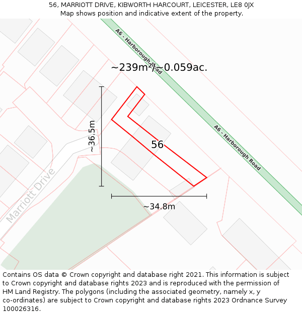 56, MARRIOTT DRIVE, KIBWORTH HARCOURT, LEICESTER, LE8 0JX: Plot and title map
