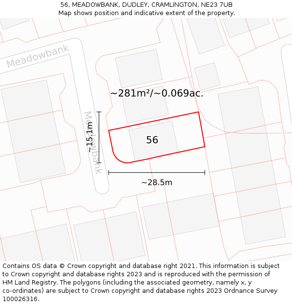 56, MEADOWBANK, DUDLEY, CRAMLINGTON, NE23 7UB: Plot and title map