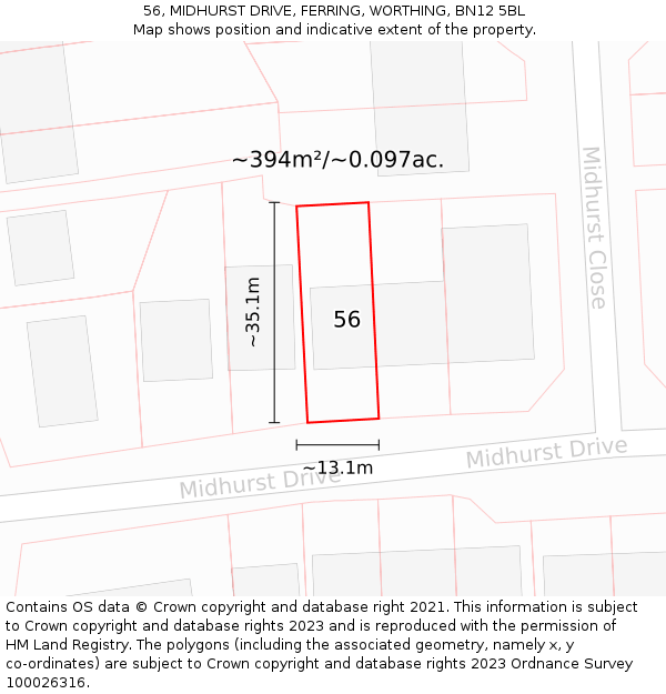 56, MIDHURST DRIVE, FERRING, WORTHING, BN12 5BL: Plot and title map