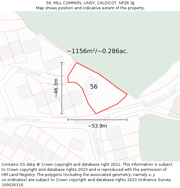 56, MILL COMMON, UNDY, CALDICOT, NP26 3JJ: Plot and title map