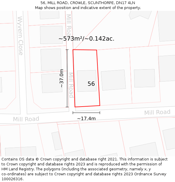 56, MILL ROAD, CROWLE, SCUNTHORPE, DN17 4LN: Plot and title map