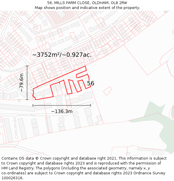 56, MILLS FARM CLOSE, OLDHAM, OL8 2RW: Plot and title map