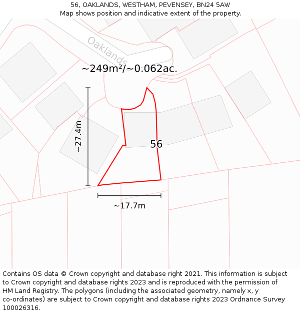 56, OAKLANDS, WESTHAM, PEVENSEY, BN24 5AW: Plot and title map