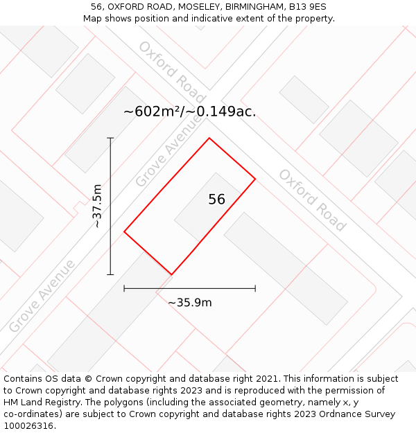 56, OXFORD ROAD, MOSELEY, BIRMINGHAM, B13 9ES: Plot and title map