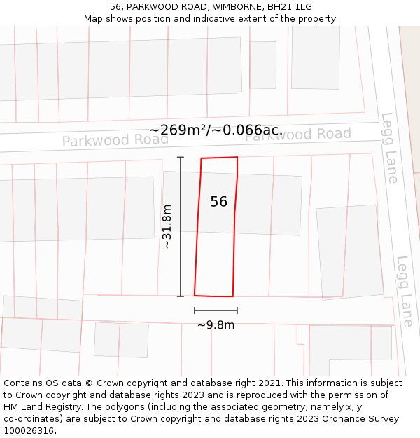 56, PARKWOOD ROAD, WIMBORNE, BH21 1LG: Plot and title map