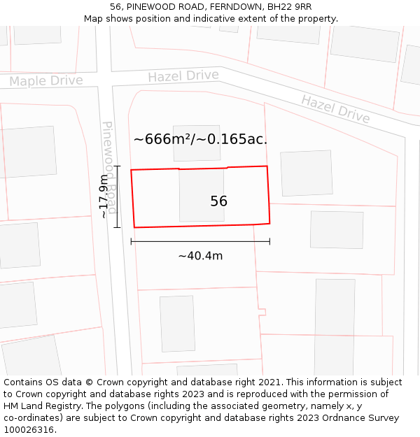 56, PINEWOOD ROAD, FERNDOWN, BH22 9RR: Plot and title map