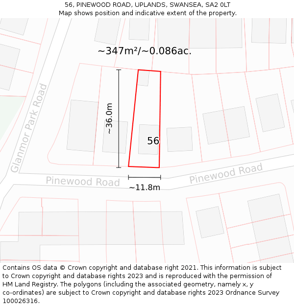 56, PINEWOOD ROAD, UPLANDS, SWANSEA, SA2 0LT: Plot and title map