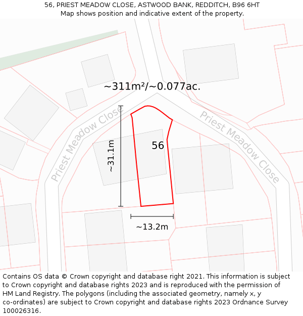 56, PRIEST MEADOW CLOSE, ASTWOOD BANK, REDDITCH, B96 6HT: Plot and title map