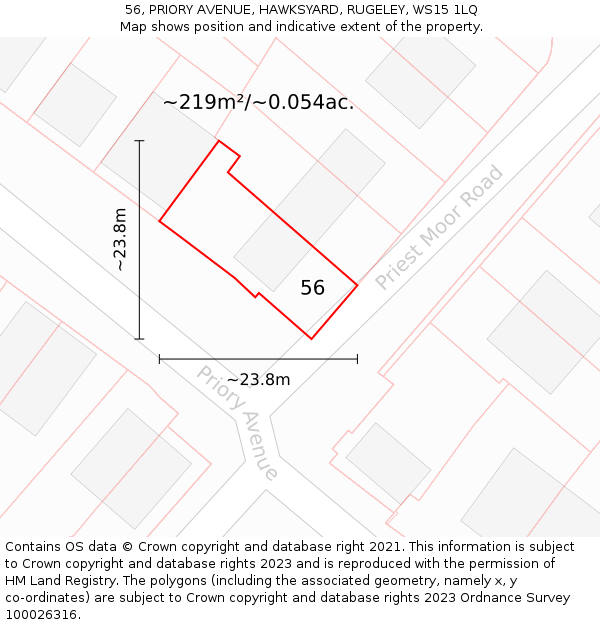 56, PRIORY AVENUE, HAWKSYARD, RUGELEY, WS15 1LQ: Plot and title map