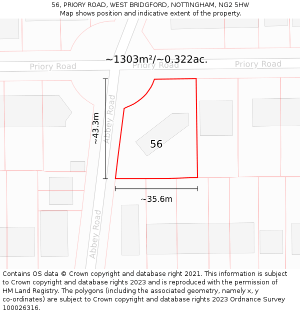 56, PRIORY ROAD, WEST BRIDGFORD, NOTTINGHAM, NG2 5HW: Plot and title map