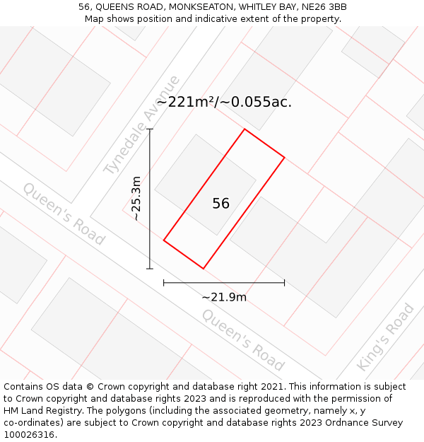 56, QUEENS ROAD, MONKSEATON, WHITLEY BAY, NE26 3BB: Plot and title map