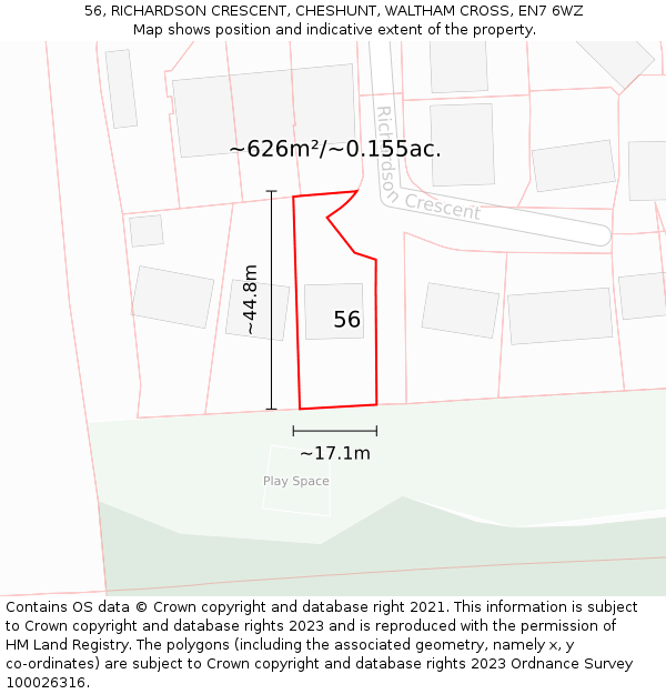 56, RICHARDSON CRESCENT, CHESHUNT, WALTHAM CROSS, EN7 6WZ: Plot and title map