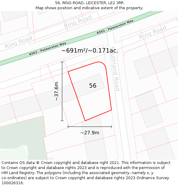 56, RING ROAD, LEICESTER, LE2 3RR: Plot and title map