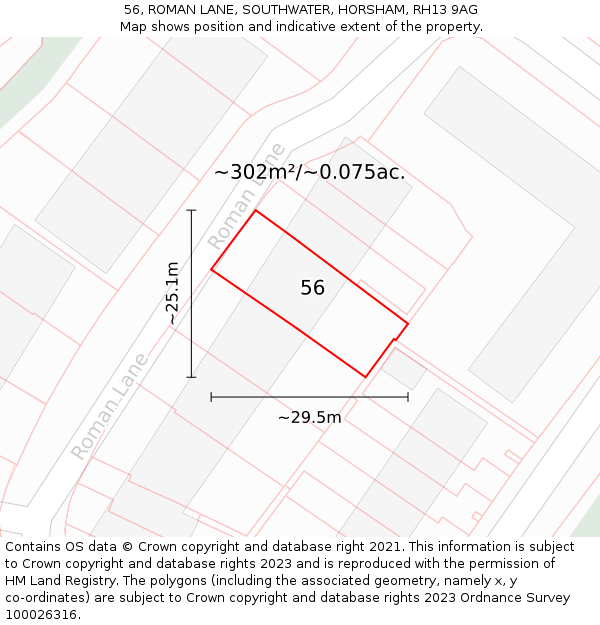 56, ROMAN LANE, SOUTHWATER, HORSHAM, RH13 9AG: Plot and title map