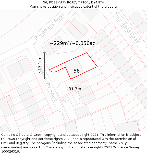 56, ROSEMARY ROAD, TIPTON, DY4 8TH: Plot and title map