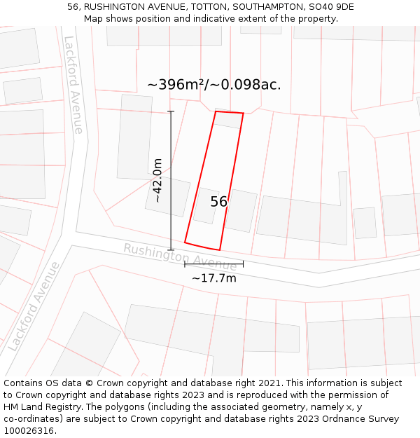 56, RUSHINGTON AVENUE, TOTTON, SOUTHAMPTON, SO40 9DE: Plot and title map